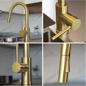 Gold Kitchen Faucet With Pull Down Sprayer, High Arc Stainless Steel Material, With Ceramic Cartridge, Without Deck Plate, Fit For 1 Hole Kitchen Sink Or Laundry Sink, Brushed Gold