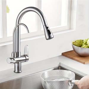 Kitchen Sink Faucet With Pull Down Sprayer 2 Handle 3 In 1 Water Filter Purifier Faucets Brushed Nickel Filter Kitchen Faucet With Drinking Water Faucet 3 In 1 Sink Cold And Hot Mixer Tap (Brushed Nickel)