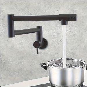 Folding Telescopic Faucet With Pot Filling And 360 ?? Rotating Double Joint Swing Arm, Matte Black Wall Mounted Kitchen Faucet Single Hole 2-handle