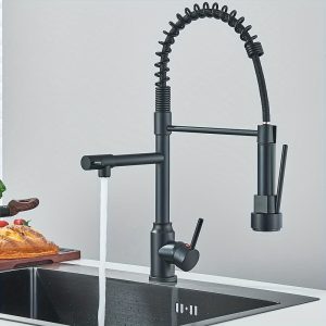 1pc Contemporary Matte Black Single Handle Kitchen Faucet with Pull-Down Sprayer and 360?? Telescopic Nozzle