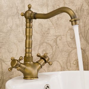 MEIZIJIE Traditional Brass Bathroom Faucet, Dual Handle Single Hole Deck Mount with Ceramic Valve Core, Antique Style Rotatable Spout Diverter, Brushed Finish