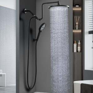 Black Shower Head Set, 10-Inch High-Pressure Rainfall Showerhead With 12-Inch Adjustable Extension Arm And 3 Settings Powerful Shower Spray, 3-Way Shower Toggle Valve, Extra Long Hose - Wall Mounted