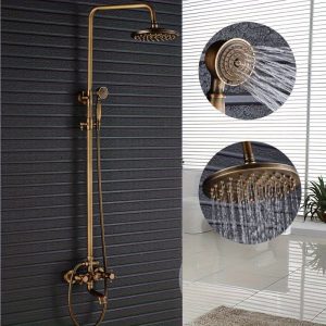 Antique Brass Rainfall Shower System with Handheld Sprayer and 8-Inch Head, 2-Handle Mixing Valve for Outdoor and Indoor Use