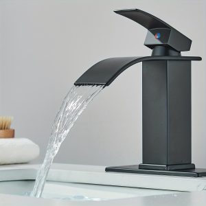 1pc Matte Black Waterfall Spout Single Handle Bathroom Vanity Sink Faucet with 6 Inch Deck Plate and Hose for 1 or 3 Hole Sinks