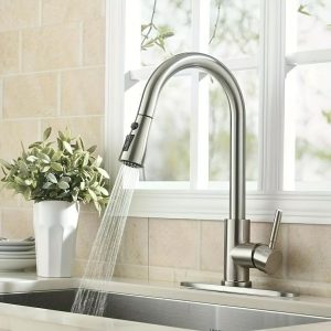 Commercial Stainless Steel 304 Kitchen Faucet with Pull-Down Sprayer, Single Handle, High Arc, Copper Handle, Ceramic Cartridge, Single Hole, Deck Plate for Kitchen, Bar, Laundry Room, RV