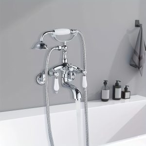 Chrome Clawfoot Tub Faucet Set Wall Mounted Bathtub Filler Tap Handheld Shower Wall Mount Bathtub Faucet With Hand Sprayer Waterfall Bathroom Tub