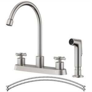 Kitchen Faucet With Side Sprayer, 2-Handle High Arch SUS304 Stainless Steel Brushed Nickel Kitchen Faucet With Pull-Out Side Spray For RV Laundry Utility Bar, 8-in 4-Hole Installation