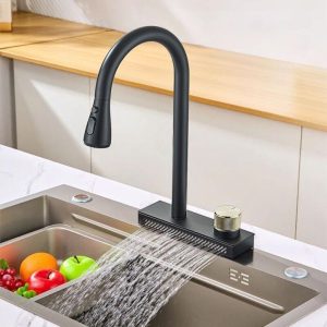 Matte Black Kitchen Sink Faucet Rain&Waterfall Pull Down Sprayer Swivel Mixer Tap Deck Mount