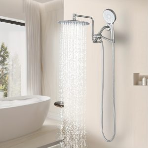 10-Inch Brushed Nickel Wall-Mounted Rain Shower Combo with 3-Mode Handheld Shower, 3-Way Switcher, Adjustable Height & Angle, Extension Arm, and Shower Seat