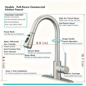 1pc Commercial Brushed Nickel Single Handle Kitchen Faucet with Pull-Down Sprayer, High Arc, Matte Black, Brushed Nickel, Chrome, Brushed Gold Deck Plate