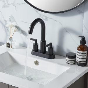 1 Pc Matte Black Bathroom Sink Faucet, 4 Inch 3 Hole 2-handle Centerset Bathroom Sink Faucet 360 Swivel Spout RV Bathroom Sink Utility Lavatory Vanity Faucets (Pop-up Drain & Water Hoses Are NOT INCLUDED), Leak-Free Valve Fingerprint-Resistant