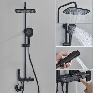 1pc 4 Functions Matte Black Bathroom Shower Faucet Set Wall Mount Piano Keys Rainfall Shower Head with Handheld Shower